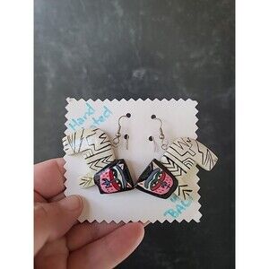 Painted Wooden Dangling Cat Earrings Vintage Costume Jewelry New Old Stock